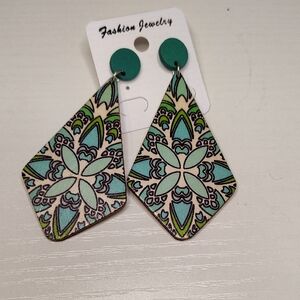 Boho Chic Geometric Wooden Earrings with Teal and Green